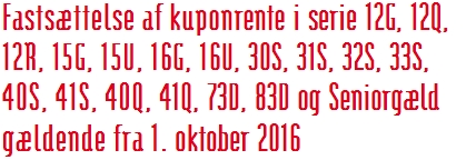 Fastsættelse af kuponrente i serie 12G, 12Q,  12R, 15G, 15U, 16G, 16U, 30S, 31S, 32S, 33S, 40S, 41S, 40Q, 41Q, 73D, 83D og Seniorgæld  gældende fra 1. oktober 2016
