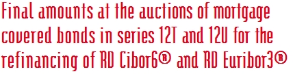 Final amounts at the auctions of mortgage covered bonds in series 12T and 12U for the  refinancing of RD Cibor6® and RD Euribor3®